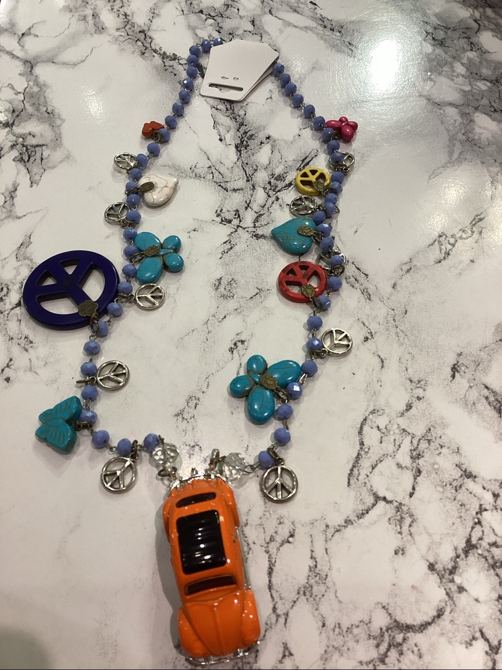 Boho Multi-Color Peace Sign and Flower Beaded Necklace With Antique VW Beetle